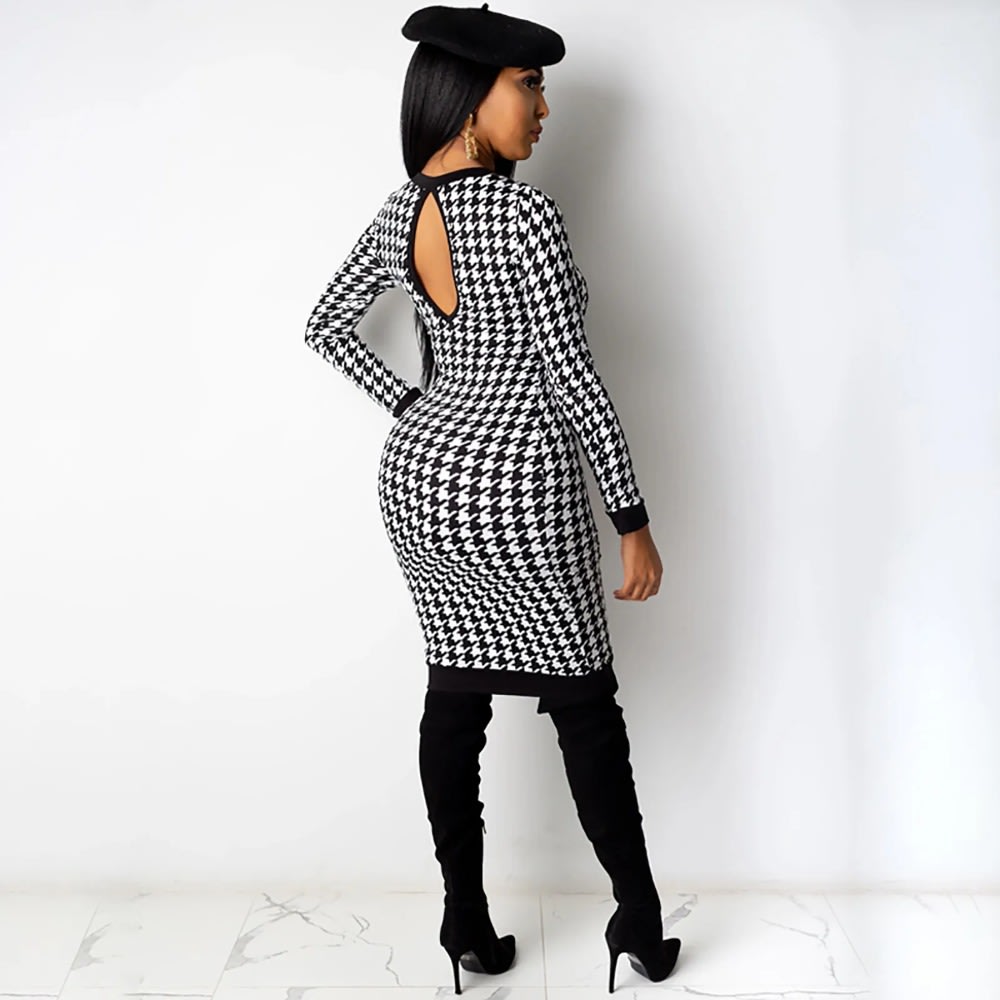 Houndstooth Print Long Sleeve Midi Dress Women 2023 Autumn Winter